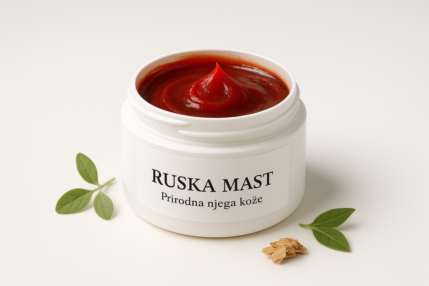 High-quality product photo of a natural healing cream in a white round jar with red herbal ointment inside. Minimalist background, clean and bright, eco-friendly look. Label on jar: 'Ruska Mast – Prirodna njega kože'. Focused, professional e-commerce style.